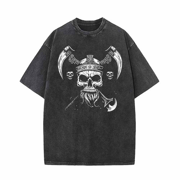 Viking Double Axe Skull Vintage Washed T-shirt 01 | Gthic.com