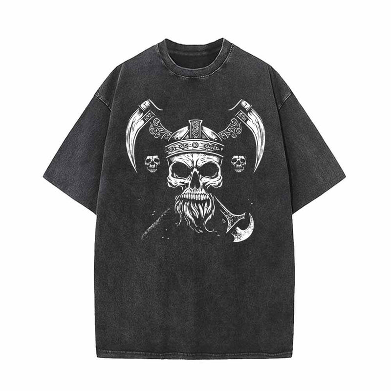 Viking Double Axe Skull Vintage Washed T-shirt 01 | Gthic.com