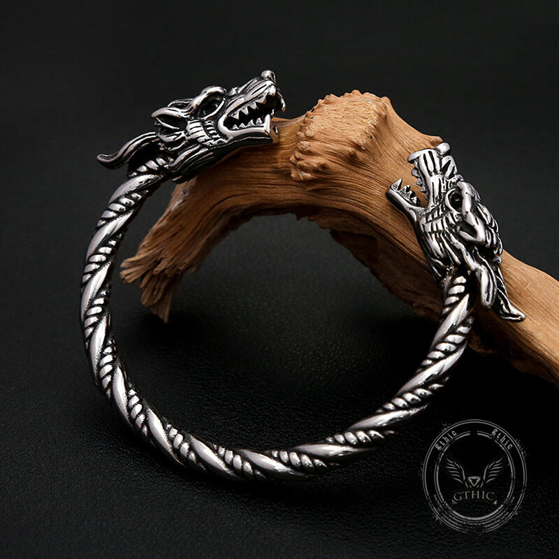 Viking Double Dragon Head Stainless Steel Nordic Open Bracelet | Gthic.com