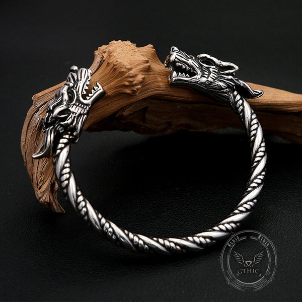 Viking Double Dragon Head Stainless Steel Nordic Open Bracelet | Gthic.com