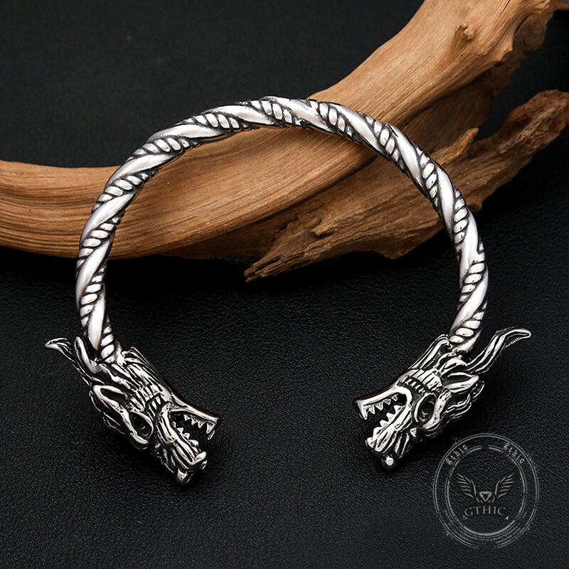 Viking Double Dragon Head Stainless Steel Nordic Open Bracelet