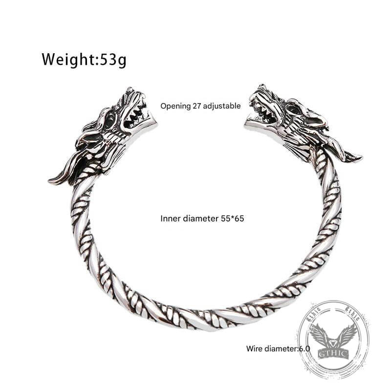 Viking Double Dragon Head Stainless Steel Nordic Open Bracelet