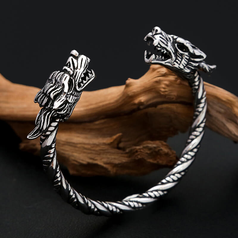 Viking Double Dragon Head Stainless Steel Nordic Open Bracelet