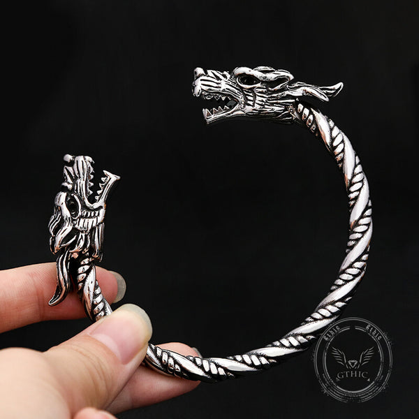 Viking Double Dragon Head Stainless Steel Nordic Open Bracelet | Gthic.com