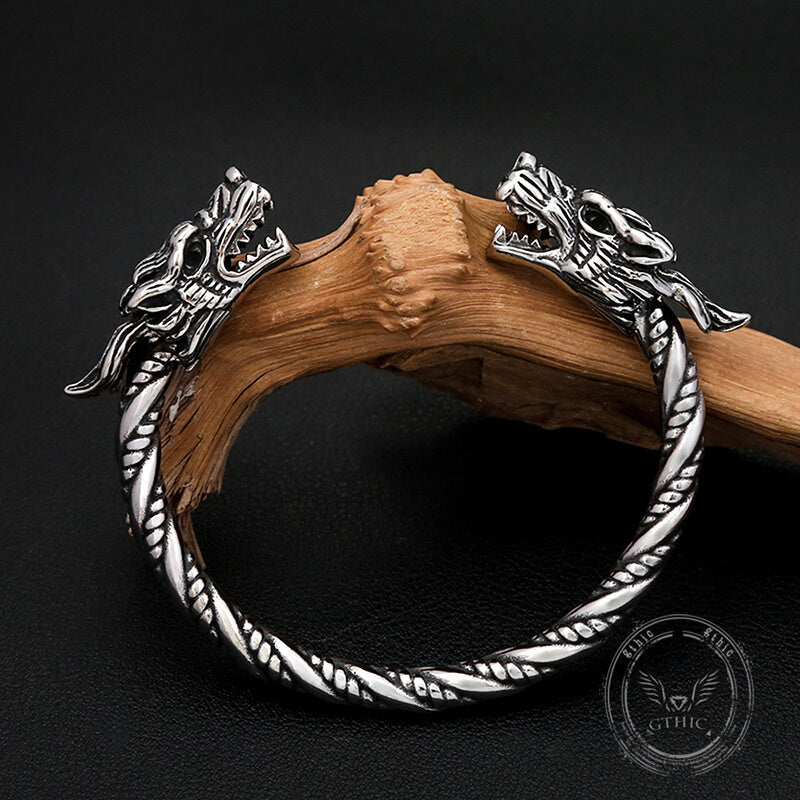 Viking Double Dragon Head Stainless Steel Nordic Open Bracelet