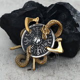 Viking Dragon Double Axe Vegvisir Stainless Steel Pendant
