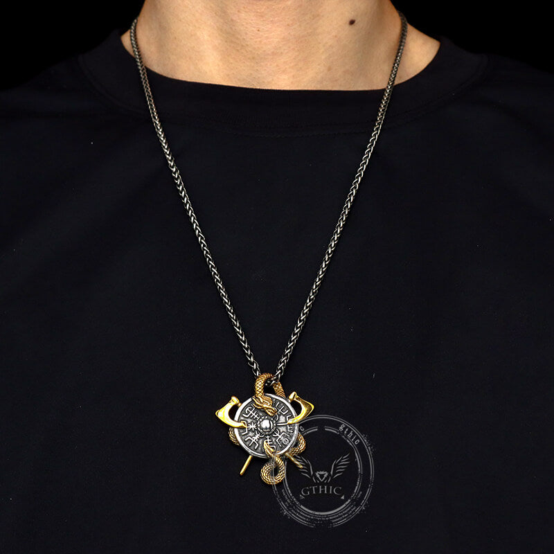 Viking Dragon Double Axe Vegvisir Stainless Steel Pendant