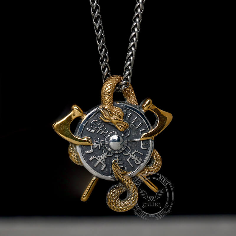 Viking Dragon Double Axe Vegvisir Stainless Steel Pendant