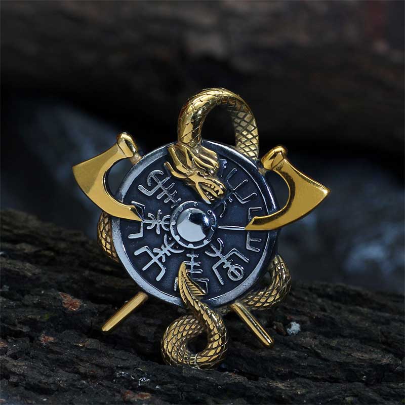 Viking Dragon Double Axe Vegvisir Stainless Steel Pendant 02 | Gthic.com