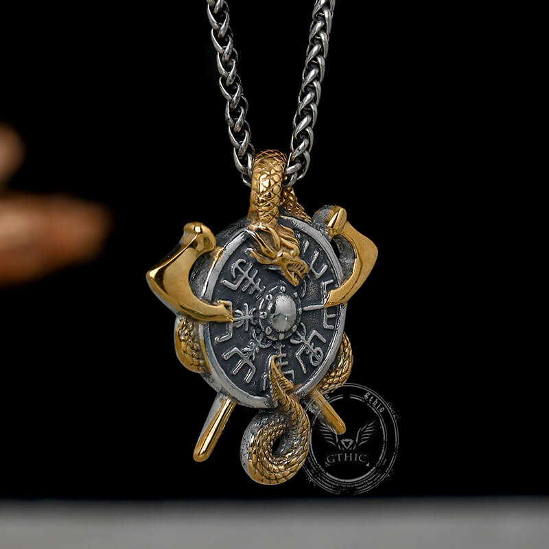 Viking Dragon Double Axe Vegvisir Stainless Steel Pendant