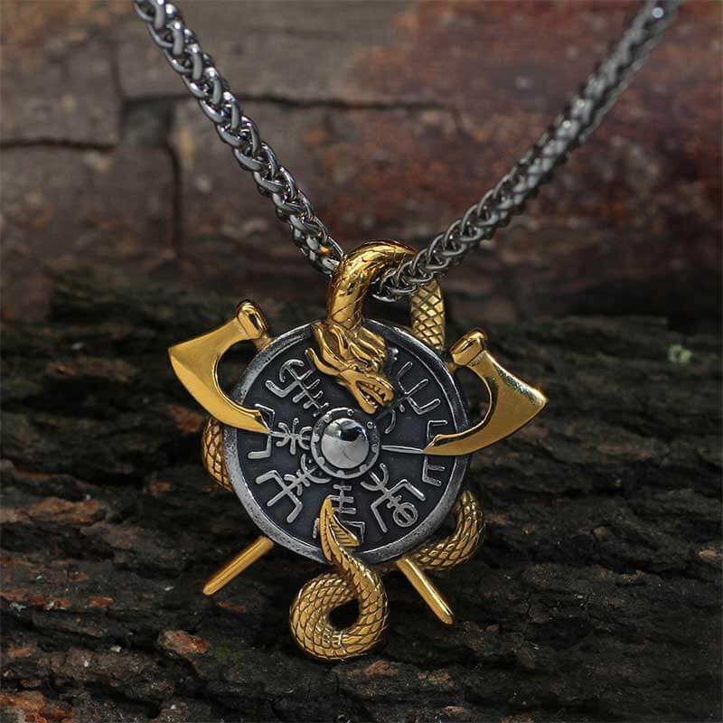 Viking Dragon Double Axe Vegvisir Stainless Steel Pendant 03 | Gthic.com