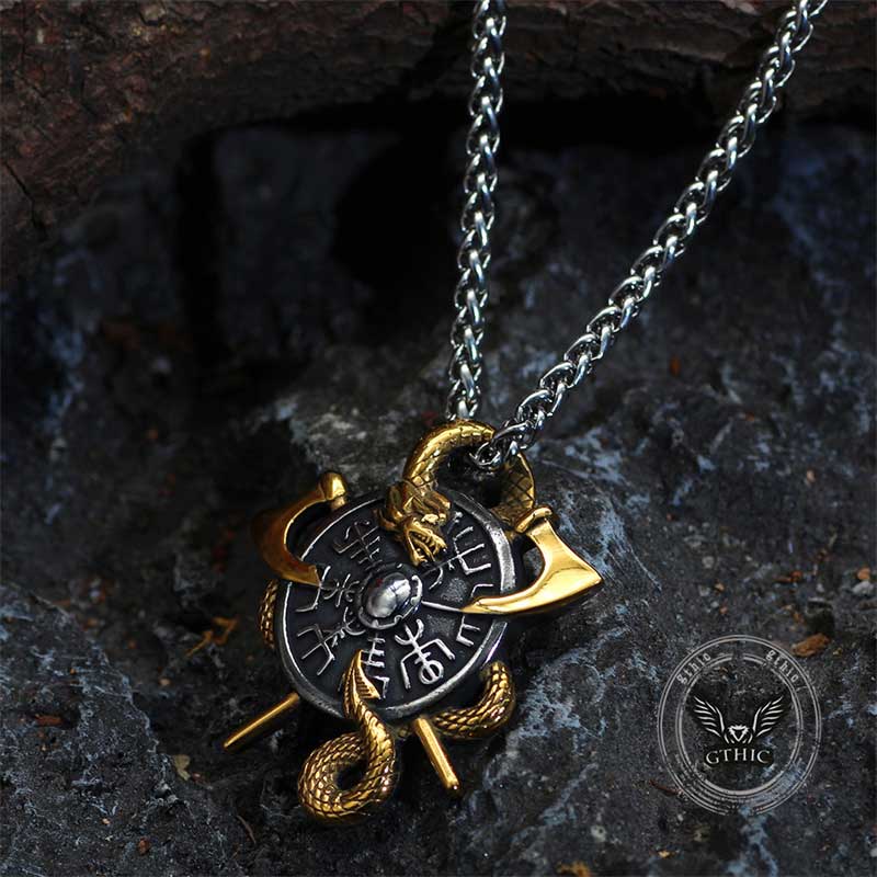 Viking Dragon Double Axe Vegvisir Stainless Steel Pendant