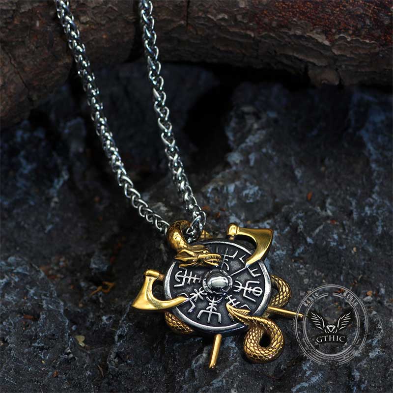 Viking Dragon Double Axe Vegvisir Stainless Steel Pendant
