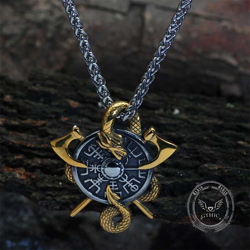 Viking Dragon Double Axe Vegvisir Stainless Steel Pendant