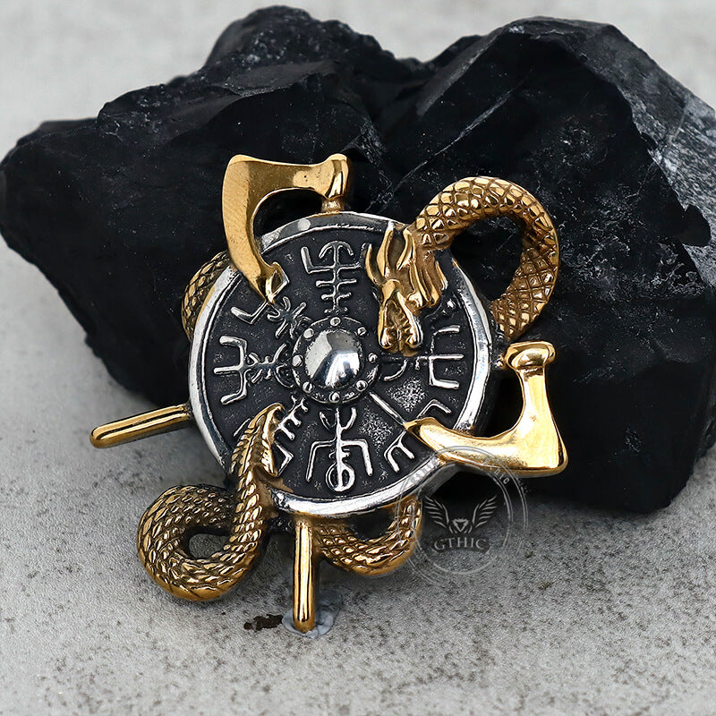 Viking Dragon Double Axe Vegvisir Stainless Steel Pendant