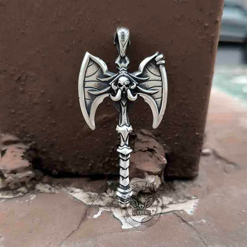 Viking Gorehowl Tomahawk Sterling Silver Skull Pendant