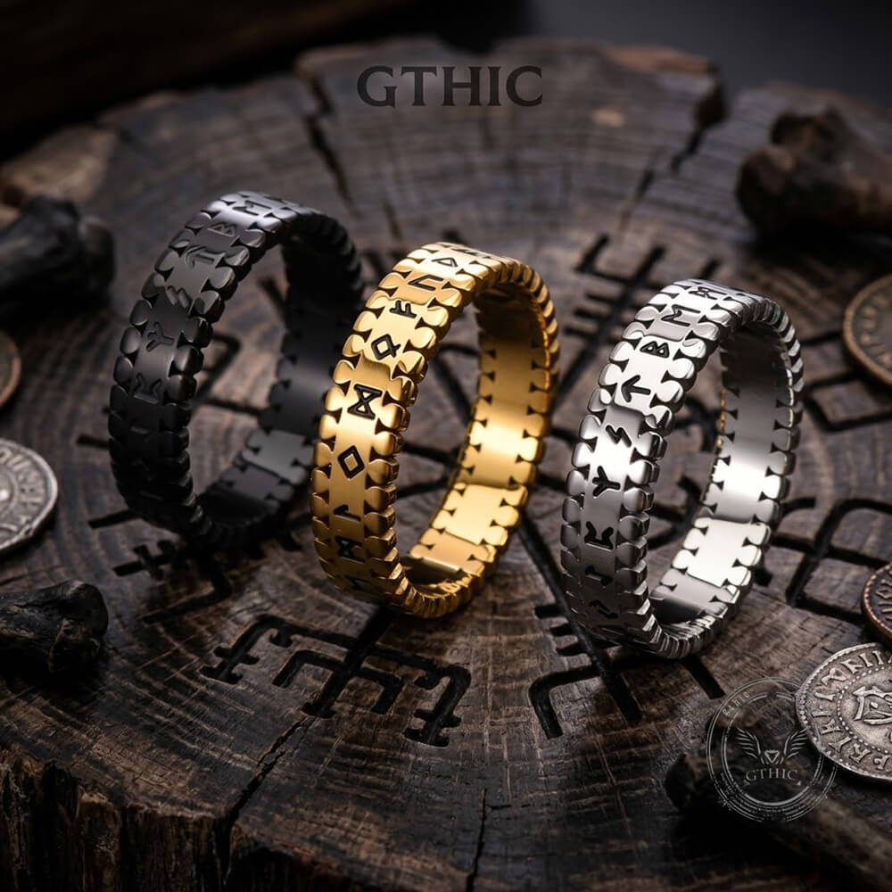 Viking Nordic Runes Stainless Steel Band Ring | Gthic.com