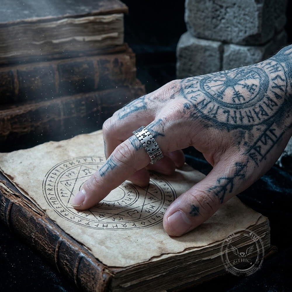 Viking Nordic Runes Stainless Steel Band Ring | Gthic.com