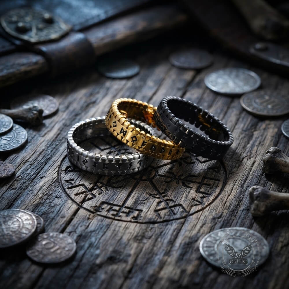 Viking Nordic Runes Stainless Steel Band Ring | Gthic.com