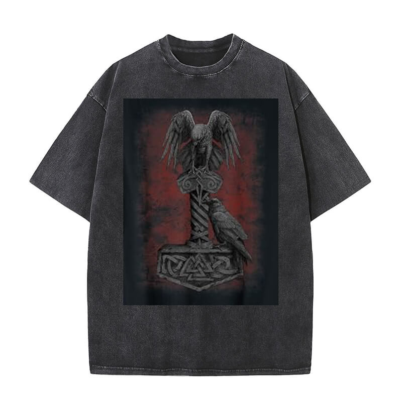 Viking Norse Thor's Mjolnir Raven Washed T-shirt | Gthic.com