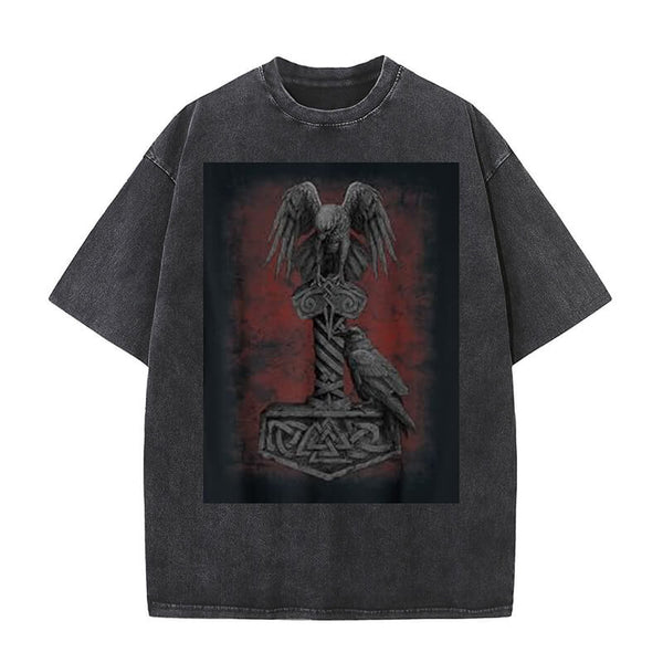 Viking Norse Thor's Mjolnir Raven Washed T-shirt | Gthic.com