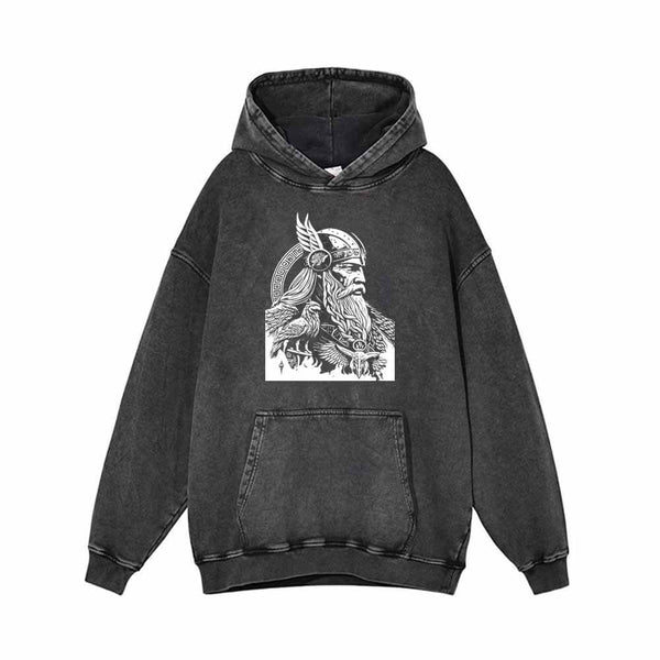 Viking Odin Head Art Vintage Washed Hoodie 01 | Gthic.com