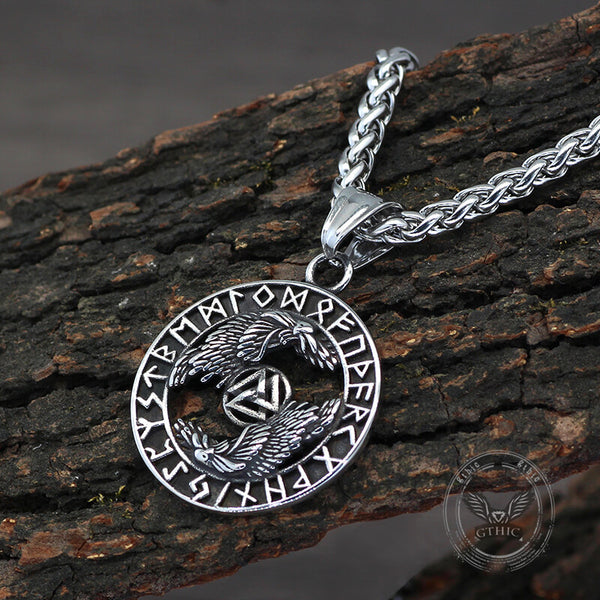 Viking Odin Raven Valknut Rune Stainless Steel Pendant | Gthic.com