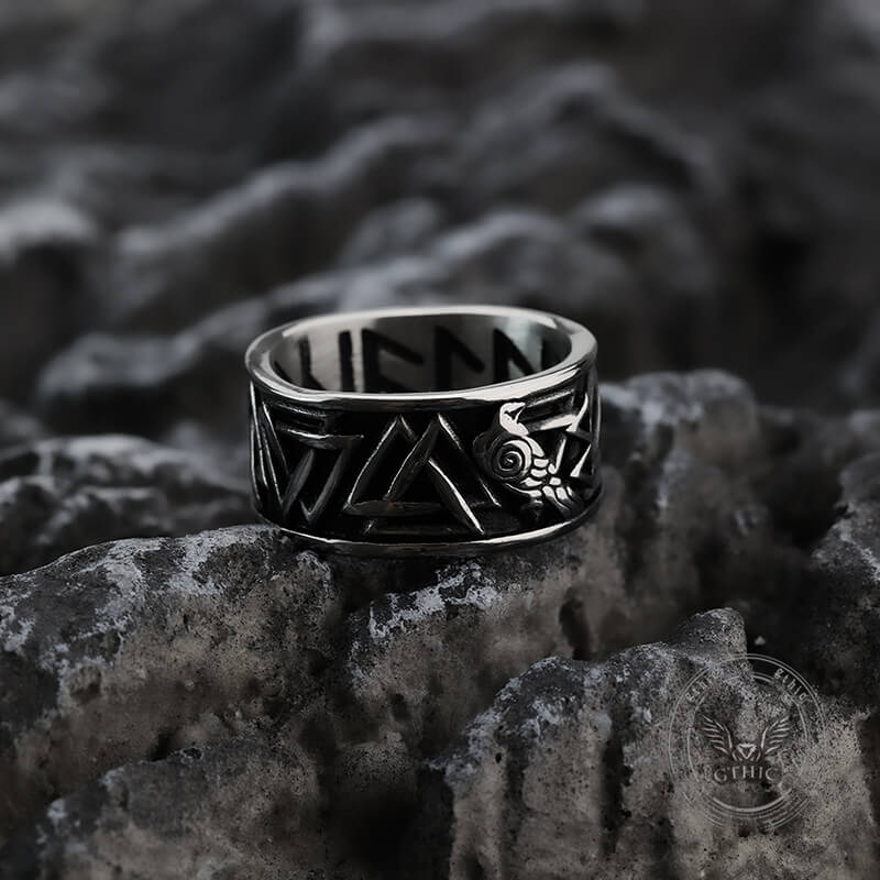 Viking Raven Valknut Rune Stainless Steel Ring