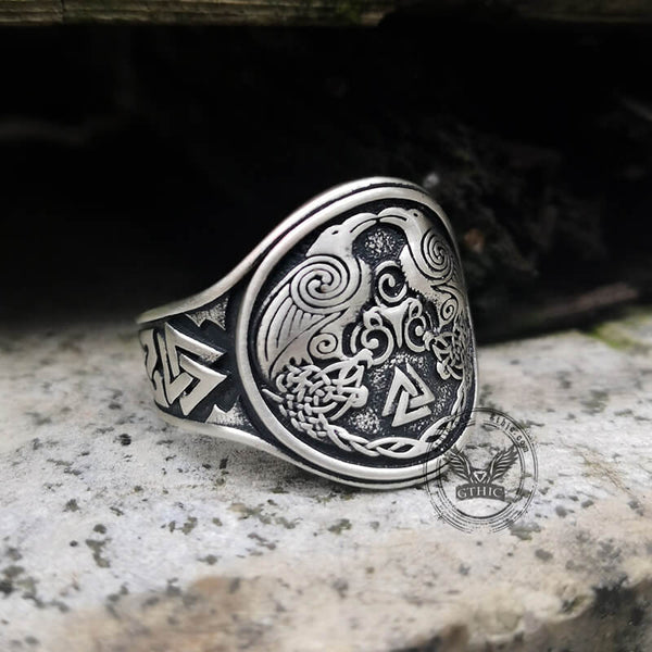 Viking Ravens Valknut Symbols Sterling Silver Ring | Gthic.com