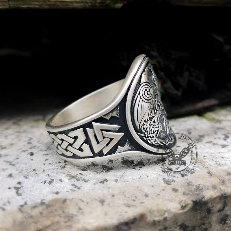 Viking Ravens Valknut Symbols Sterling Silver Ring | Gthic.com