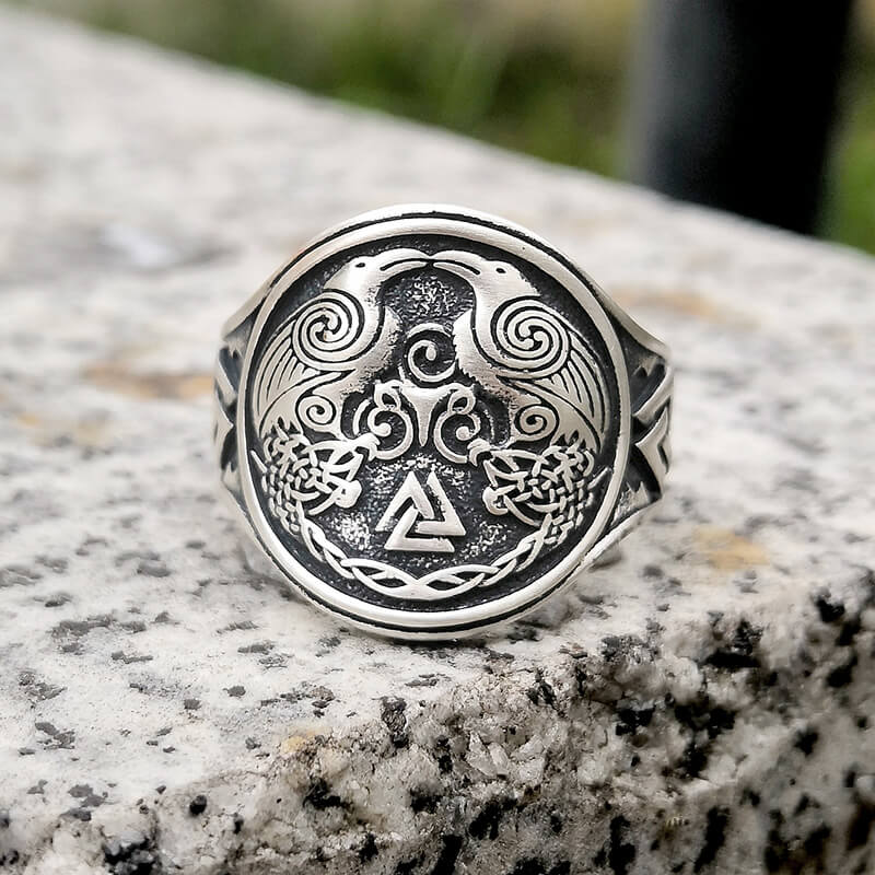 Viking Ravens Valknut Symbols Sterling Silver Ring | Gthic.com