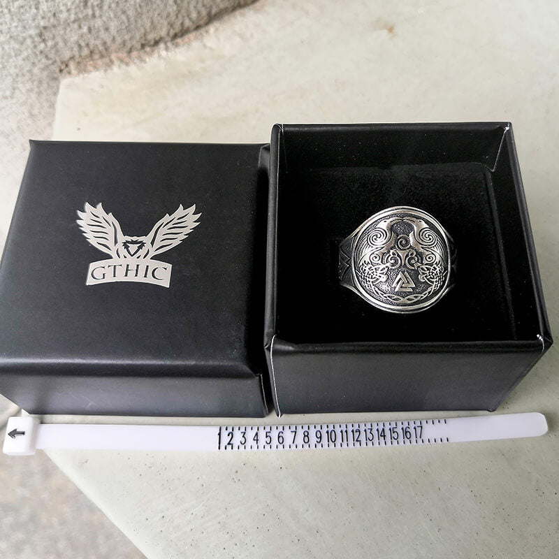 Viking Ravens Valknut Symbols Sterling Silver Ring