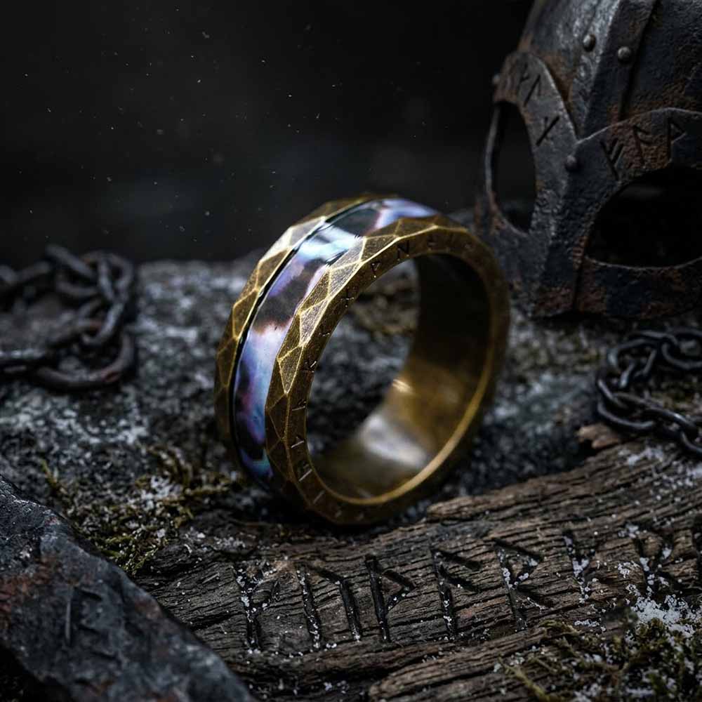 Viking Rune Abalone Shell Inlay Stainless Steel Ring