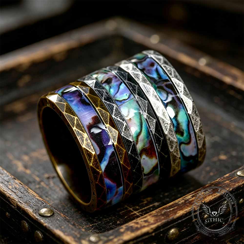 Viking Rune Abalone Shell Inlay Stainless Steel Ring