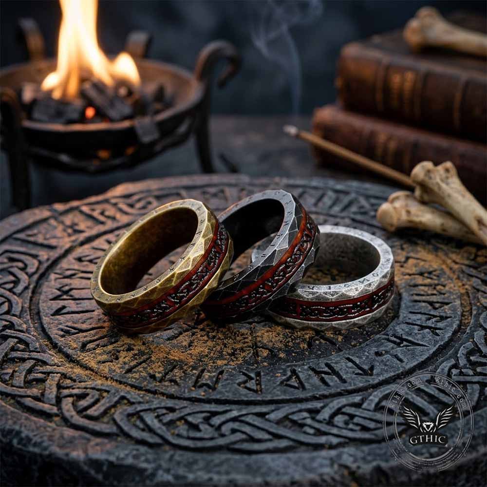 Viking Rune Celtic Knot Wood Inlay Stainless Steel Ring | Gthic.com
