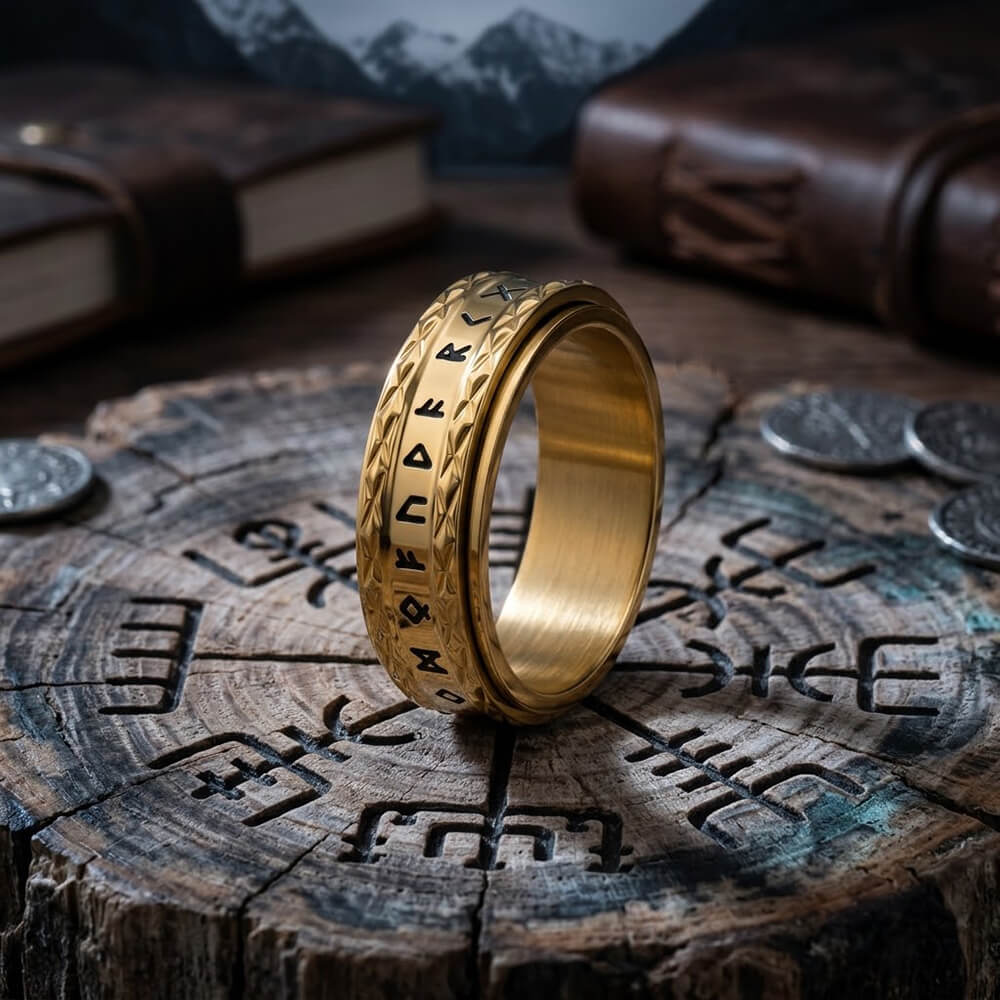 Viking Rune Stainless Steel Diamond-Pattern Spinner Ring