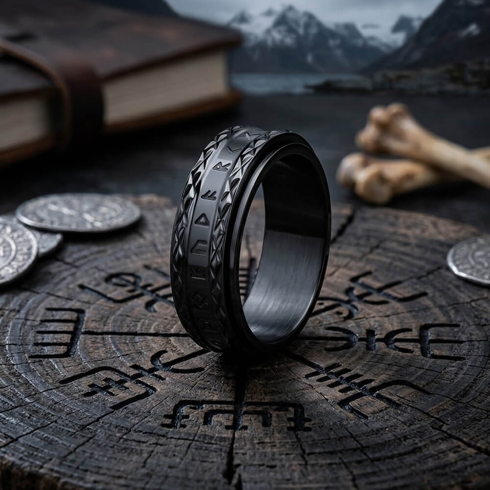 Viking Rune Stainless Steel Diamond-Pattern Spinner Ring
