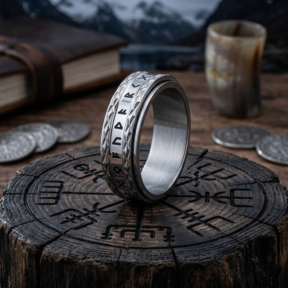 Viking Rune Stainless Steel Diamond-Pattern Spinner Ring