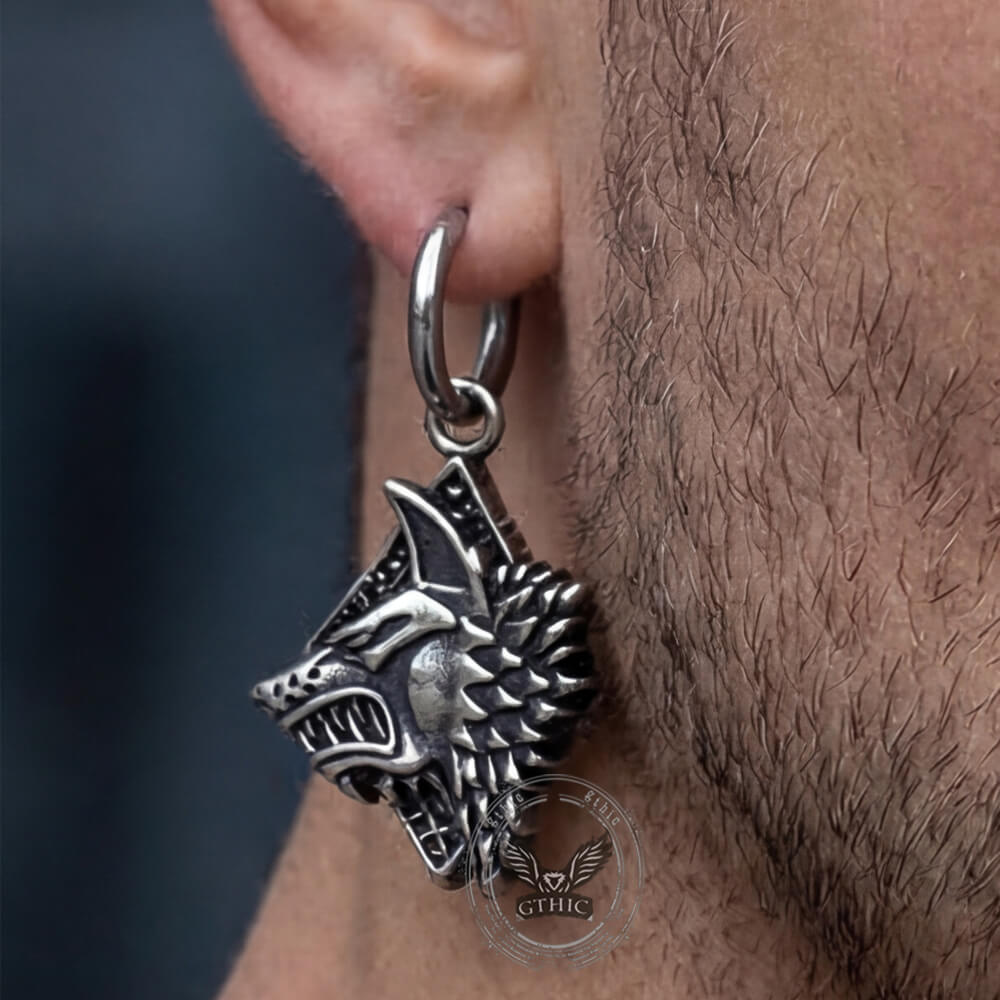 Viking Rune Wolf Head Stainless Steel Earrings | Gthic.com