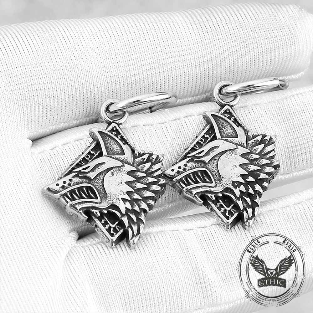 Viking Rune Wolf Head Stainless Steel Earrings | Gthic.com