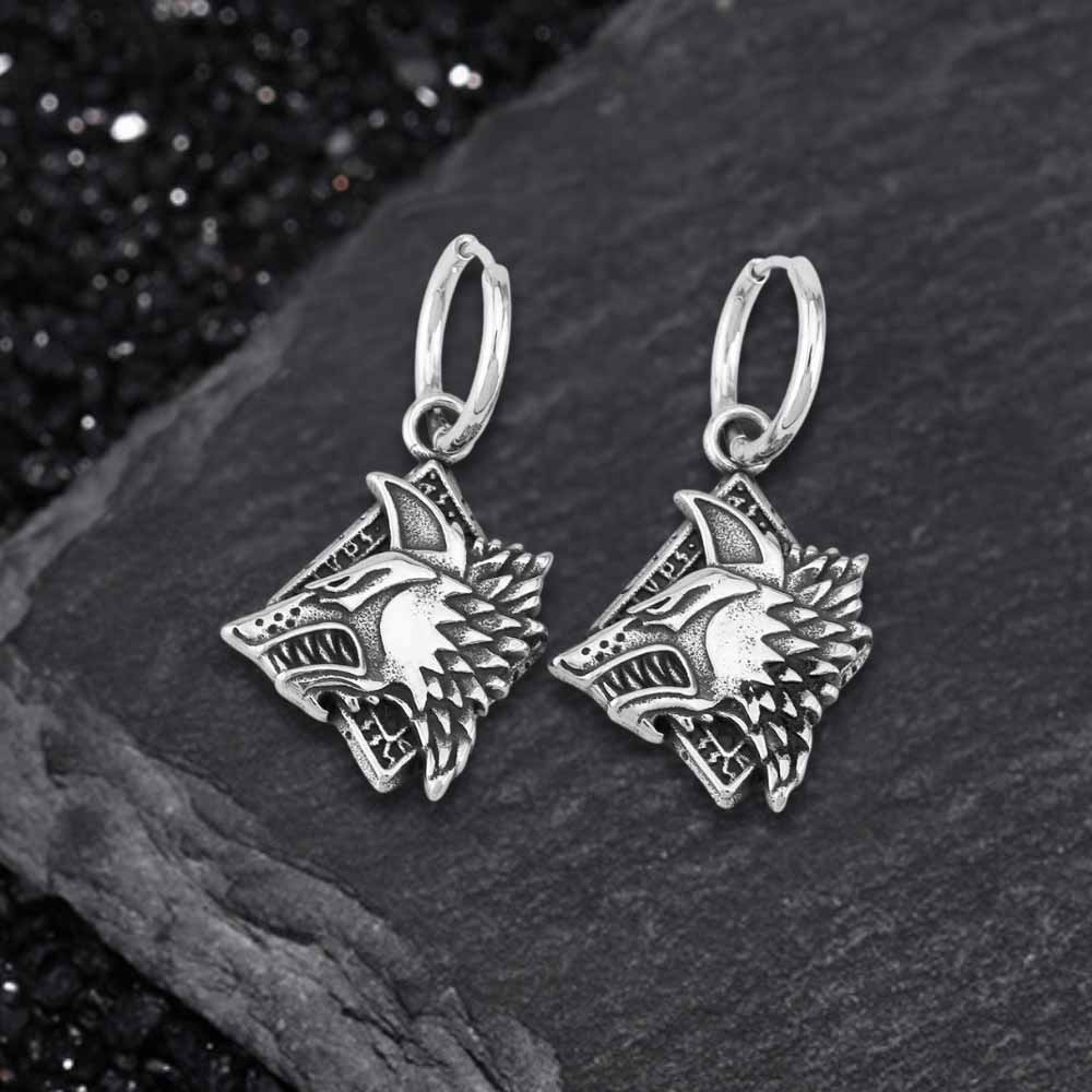 Viking Rune Wolf Head Stainless Steel Earrings | Gthic.com