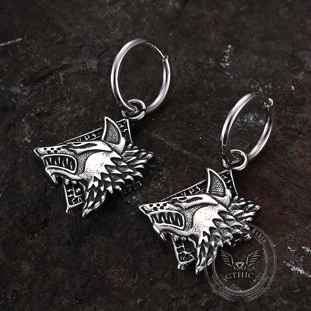 Viking Rune Wolf Head Stainless Steel Earrings | Gthic.com