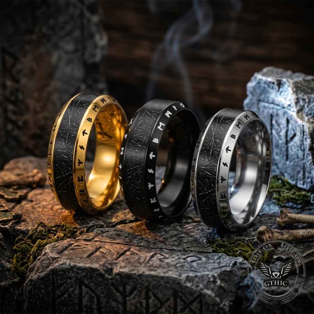 Viking Runes Black-Plated Inlay Stainless Steel Ring | Gthic.com