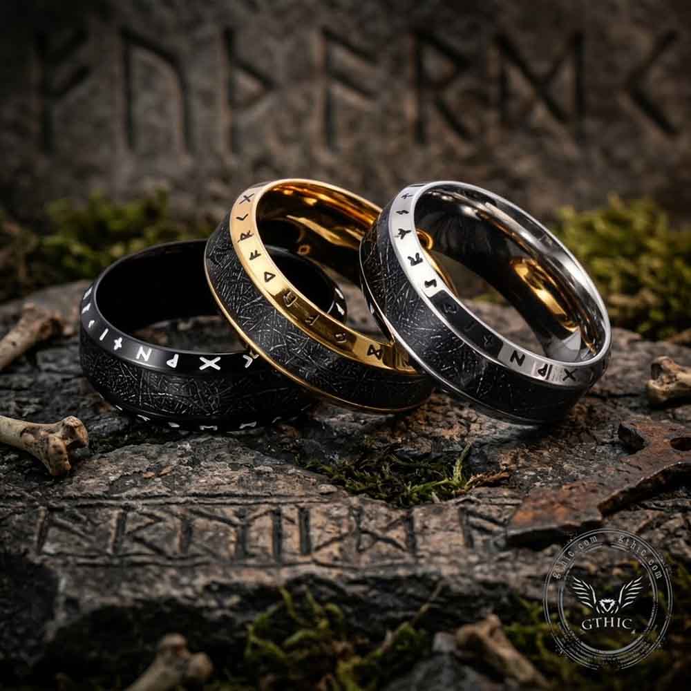 Viking Runes Black-Plated Inlay Stainless Steel Ring | Gthic.com