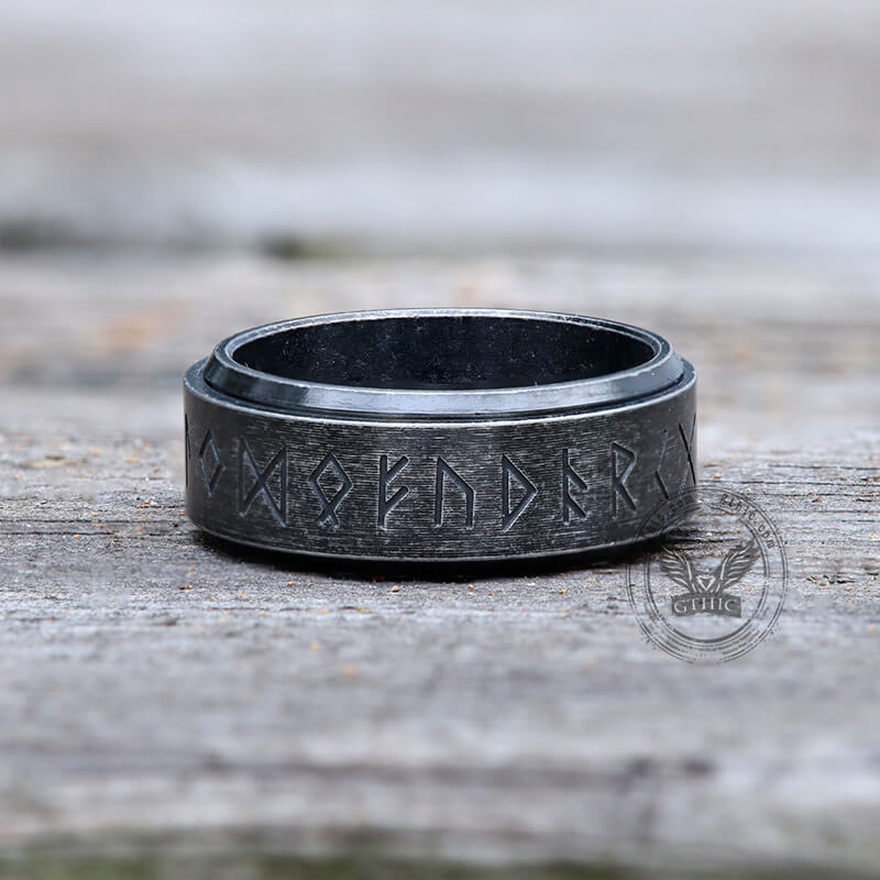 Viking Runes Carved Stainless Steel Spinner Ring