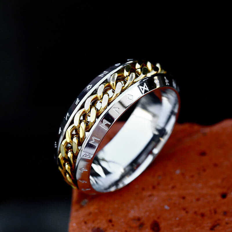 Viking Runes Chain Nordic Spinner Stainless Steel Ring | Gthic.com