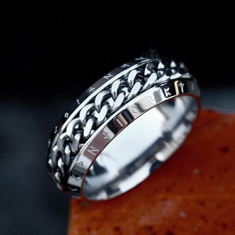 Viking Runes Chain Nordic Spinner Stainless Steel Ring | Gthic.com