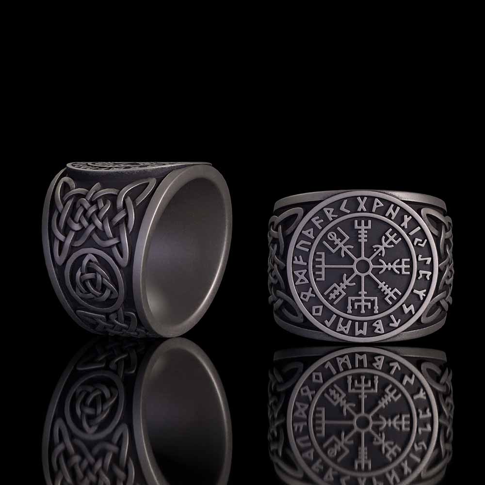 Viking Runes Compass Celtic Knot Sterling Silver Ring | Gthic.com