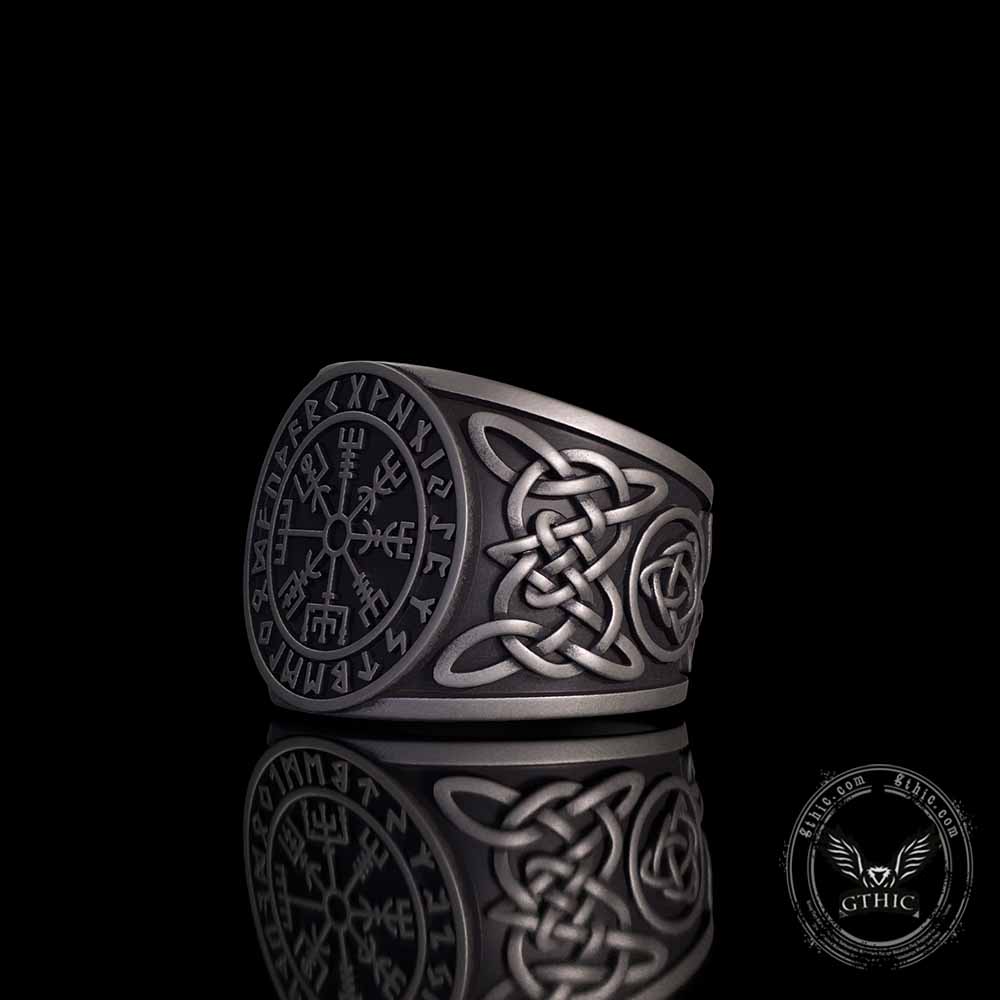 Viking Runes Compass Celtic Knot Sterling Silver Ring | Gthic.com