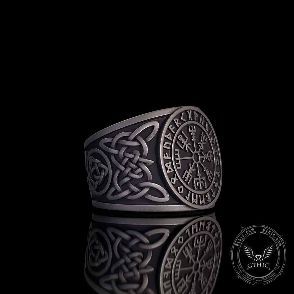 Viking Runes Compass Celtic Knot Sterling Silver Ring